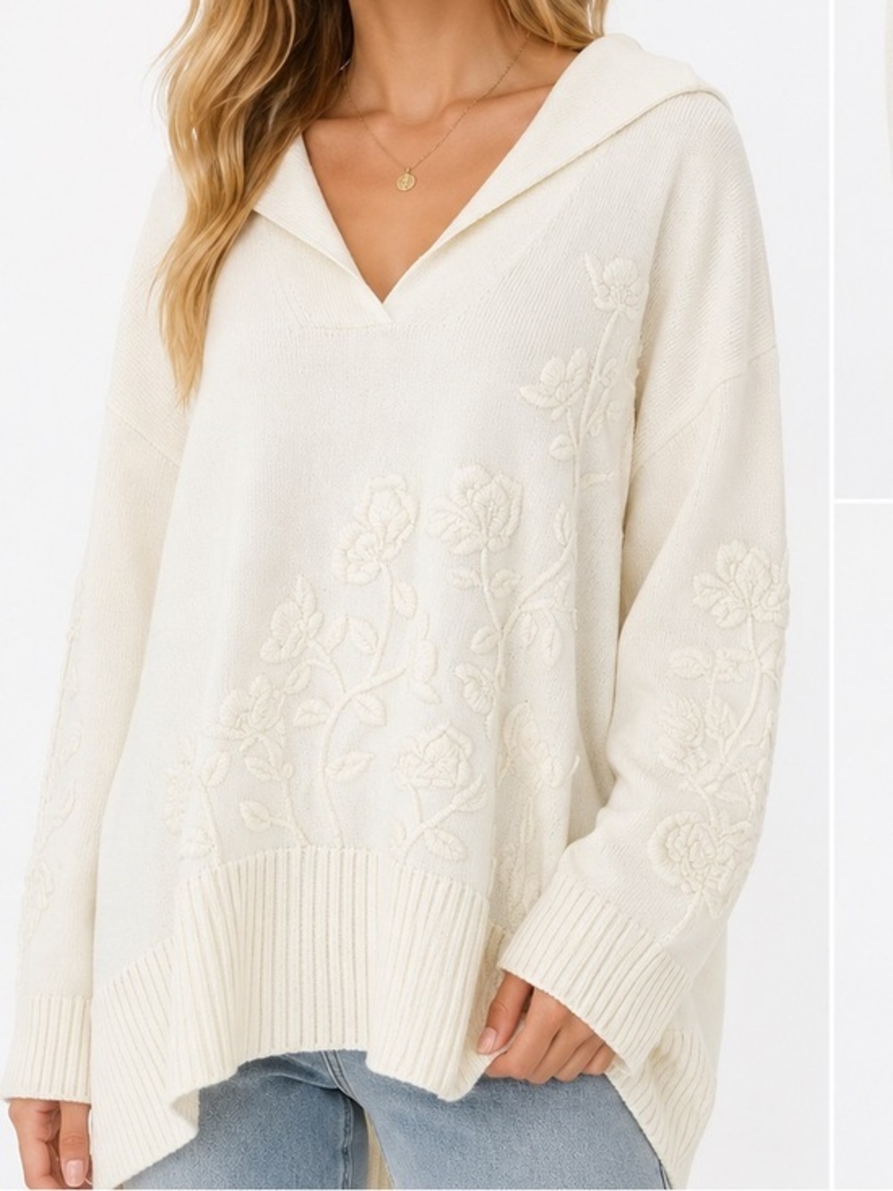 Brooke Brothers XL Ivory Floral Embroidered Sweater Knit Pullover Oversized
